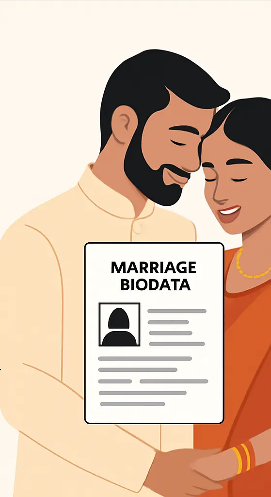 Smiling South Asian Couple Standing Together With A Digital Marriage Biodata Preview
