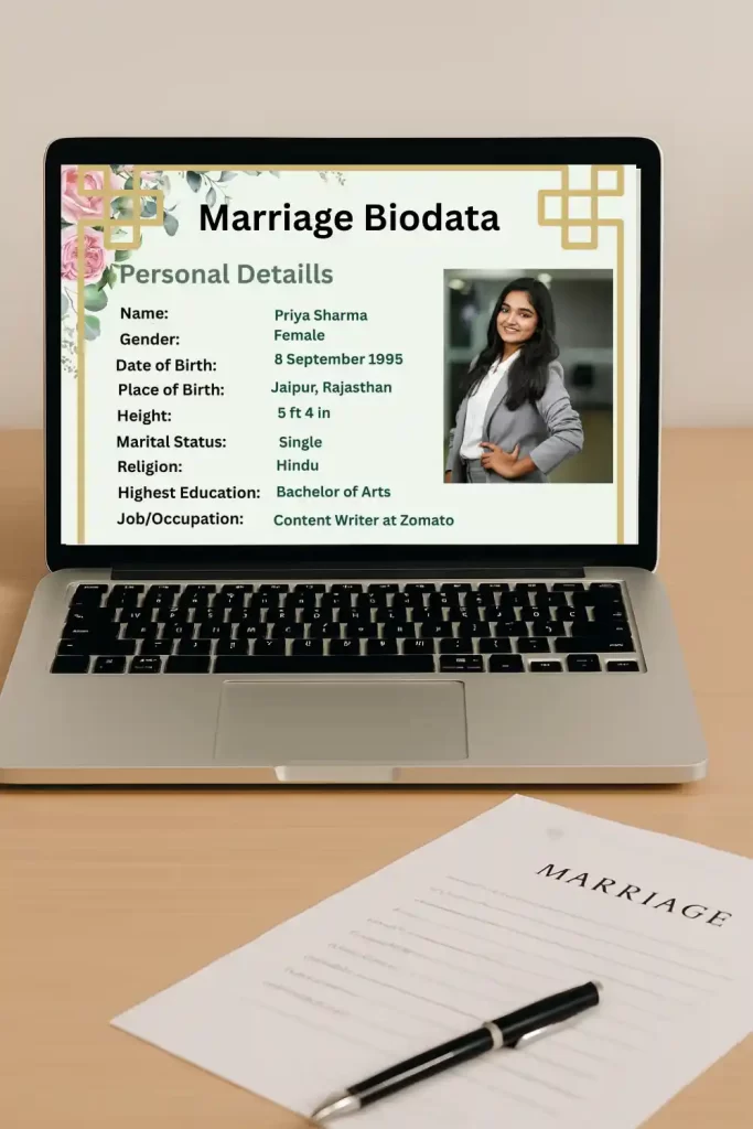 Laptop on a wooden table displaying a marriage biodata document on the screen with a pen beside it