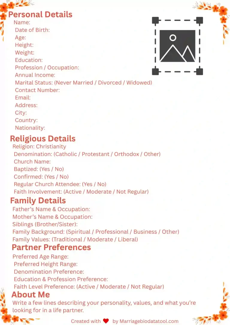 Christian Marriage Biodata Template Simple Layout Pdf And Word