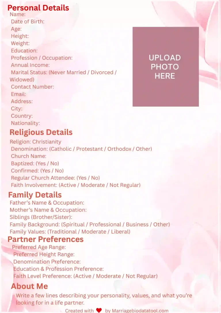 Template 1 Christian Marriage Biodata Format Modern Design