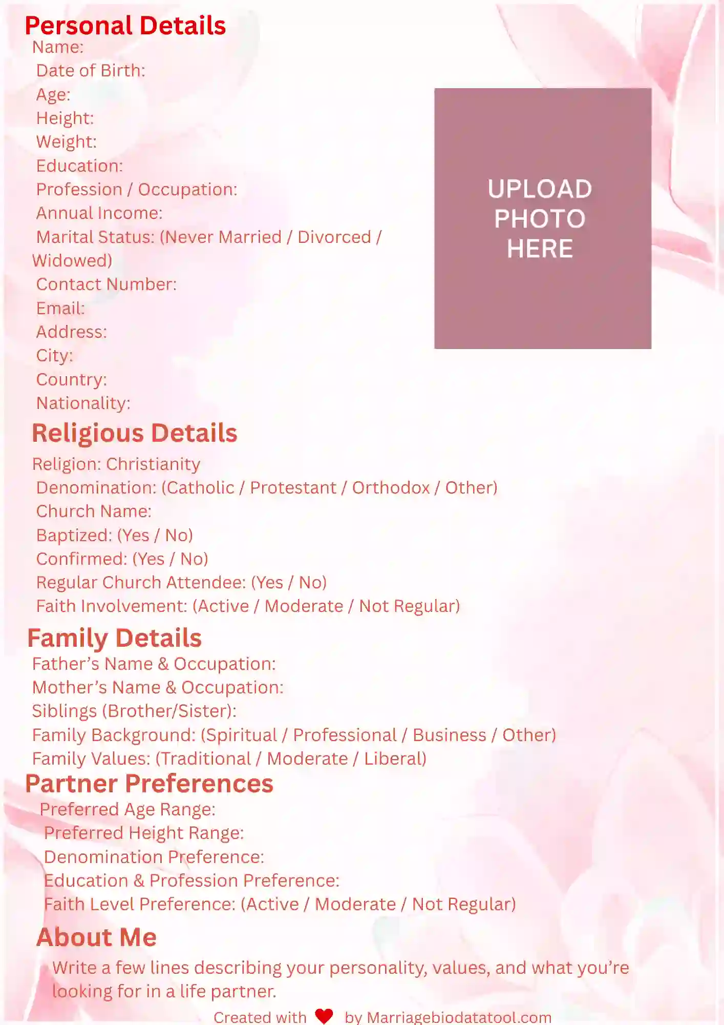 Christian Marriage Biodata Template 2 Preview
