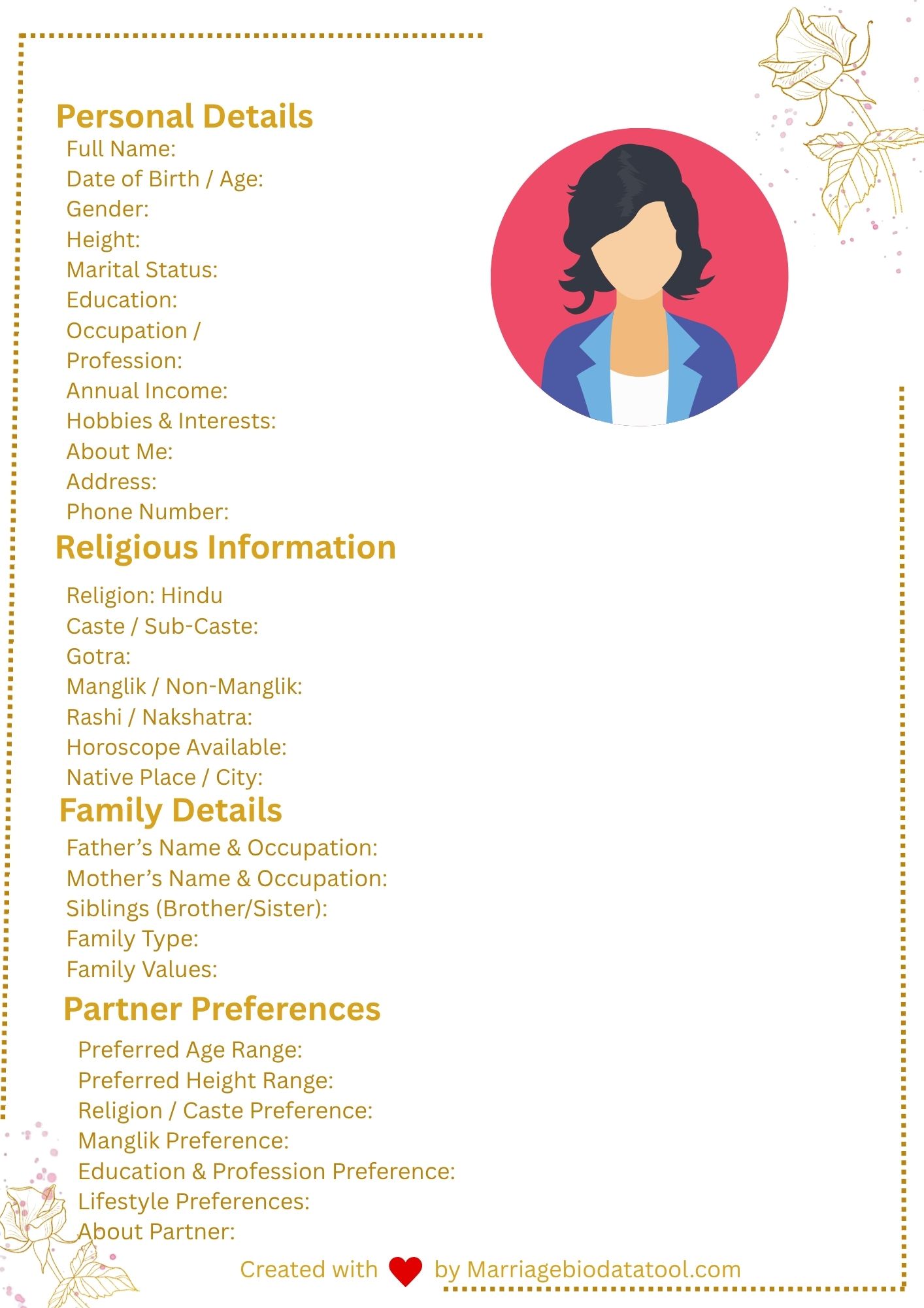 Hindu Girl Marriage Biodata Template 6 Preview