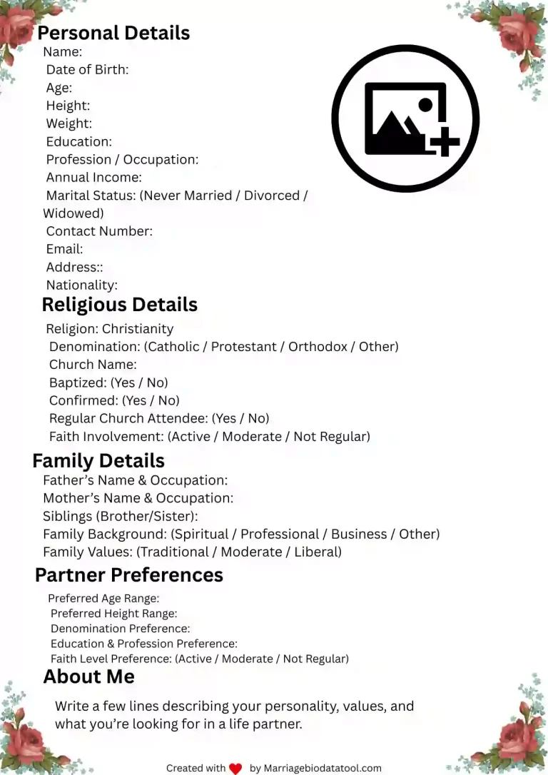 Template 7 Printable Christian Marriage Biodata Format Free Download