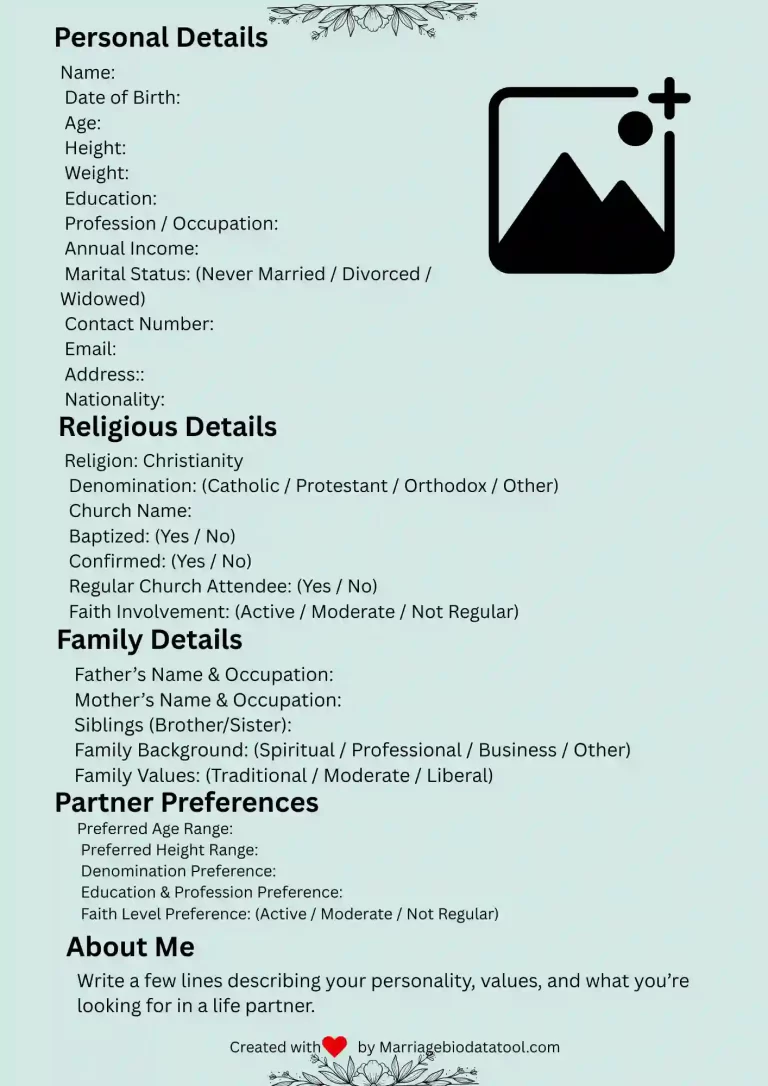 Template 5 Christian Marriage Biodata Format Elegant Design