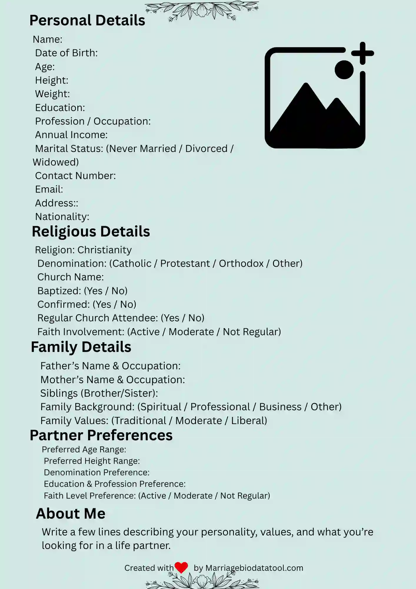Christian Marriage Biodata Template 6 Preview
