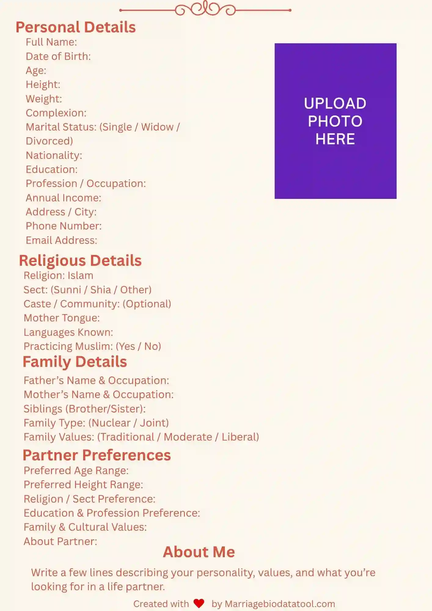 Muslim Marriage Biodata Template 1 Preview