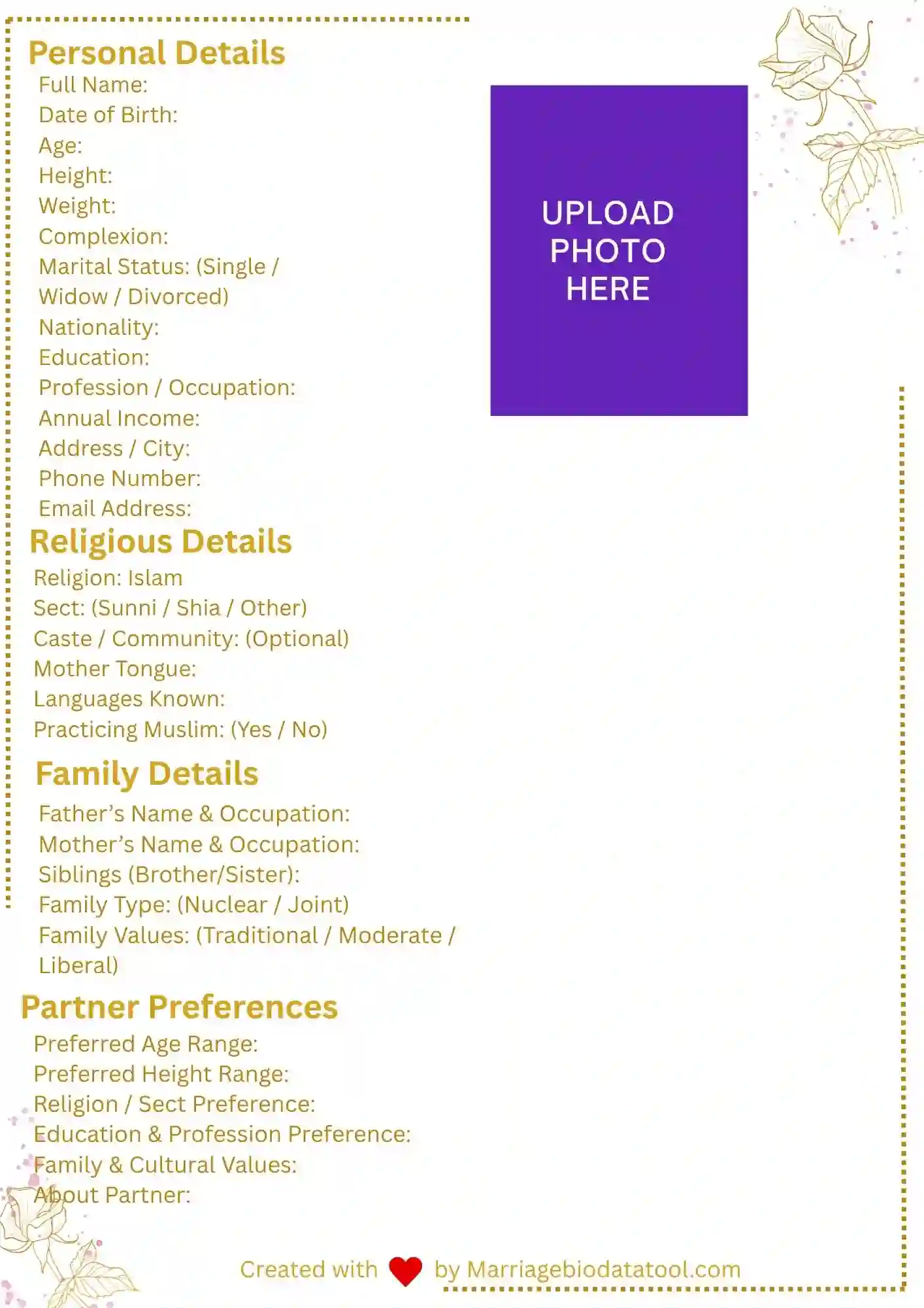 Muslim Marriage Biodata Template 2 Preview