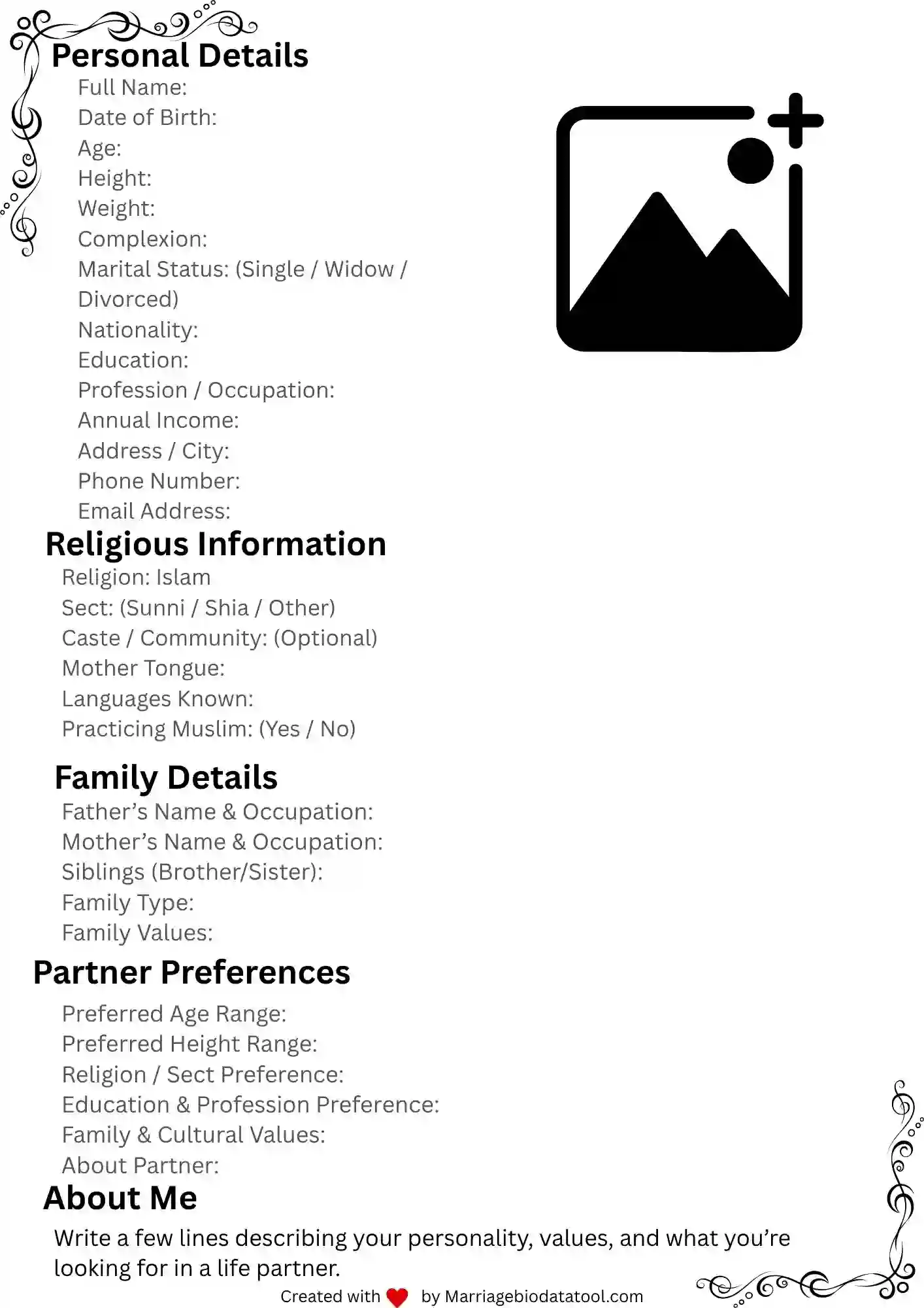 Muslim Marriage Biodata Template 3 Preview