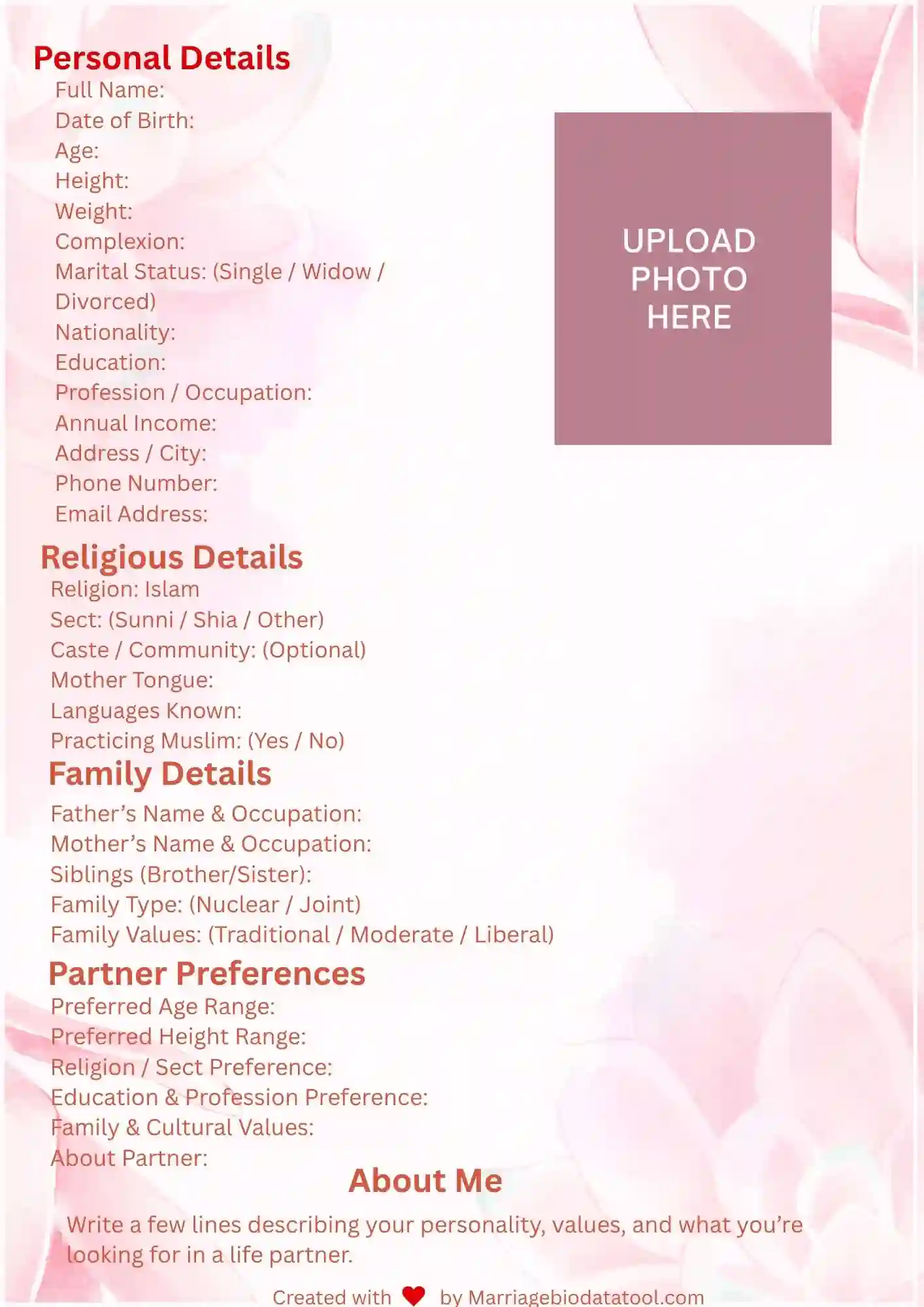 Muslim Marriage Biodata Template 6 Preview