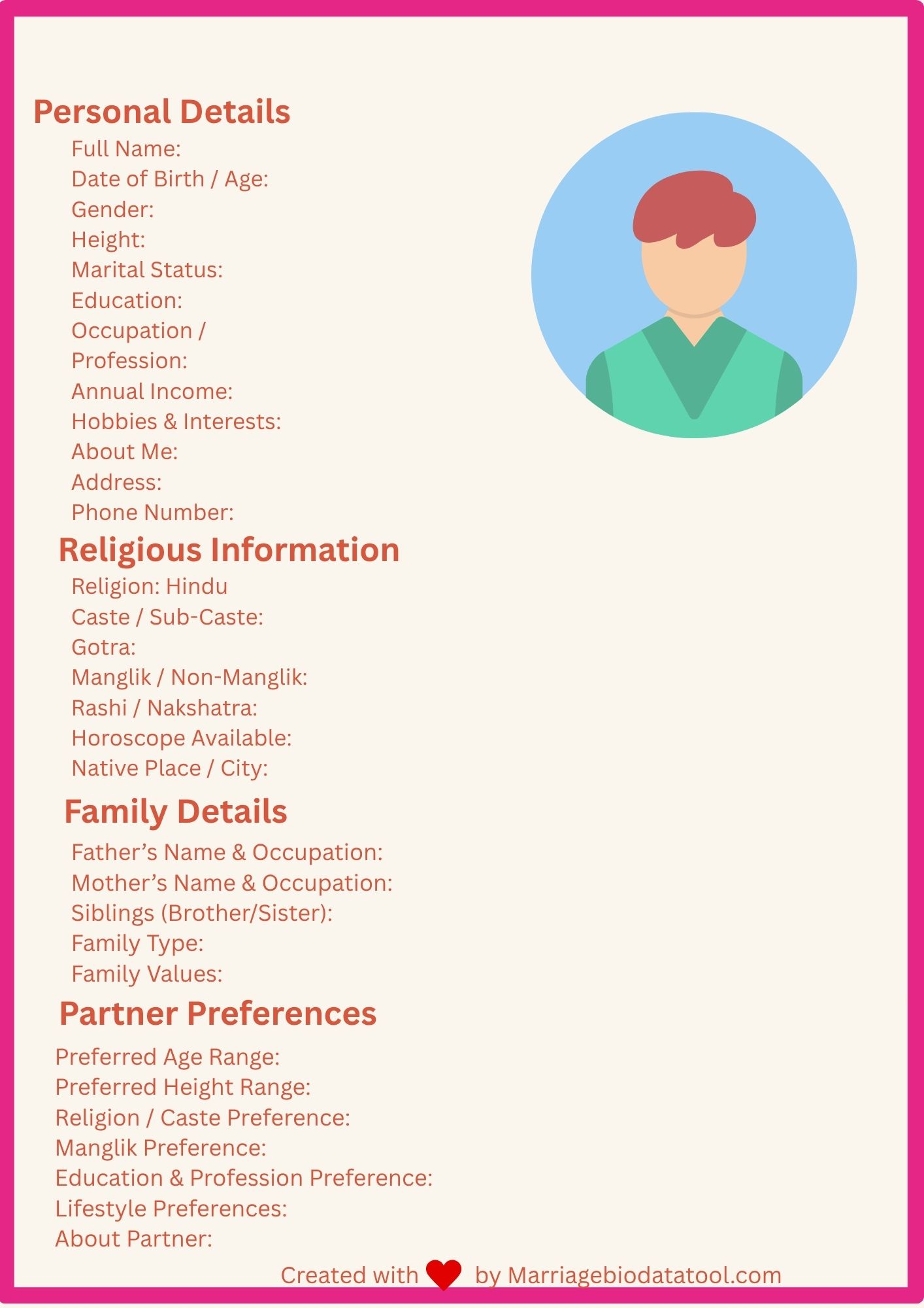 Hindu Boy Marriage Biodata Template 1 Preview