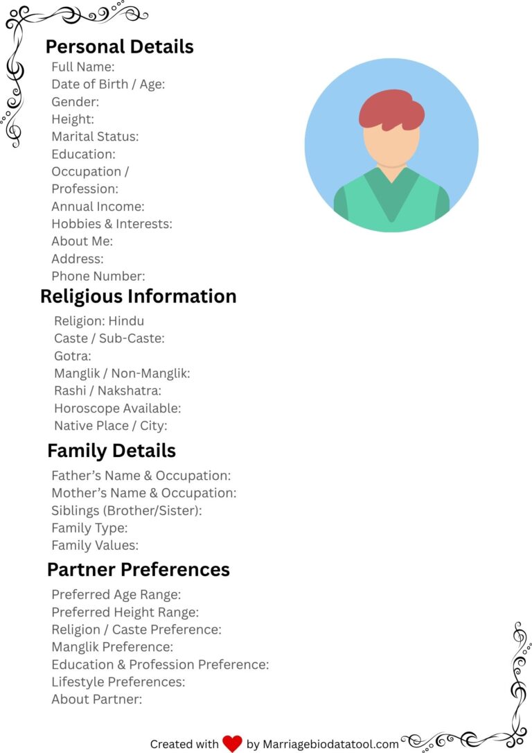 Traditional Hindu Marriage Biodata Format For Boys With Religious And Family Details