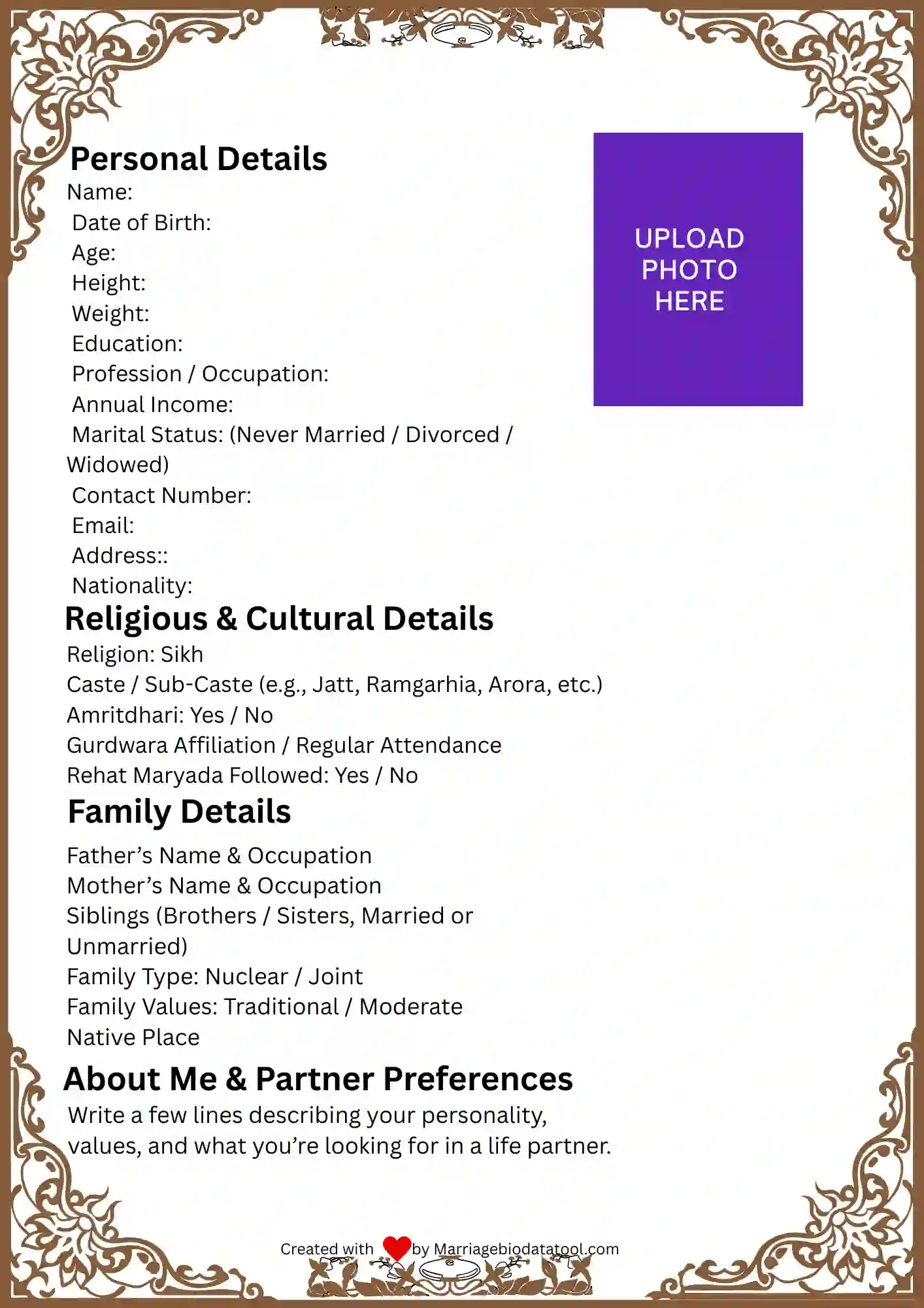 Sikh Marriage Biodata Template 3 Preview