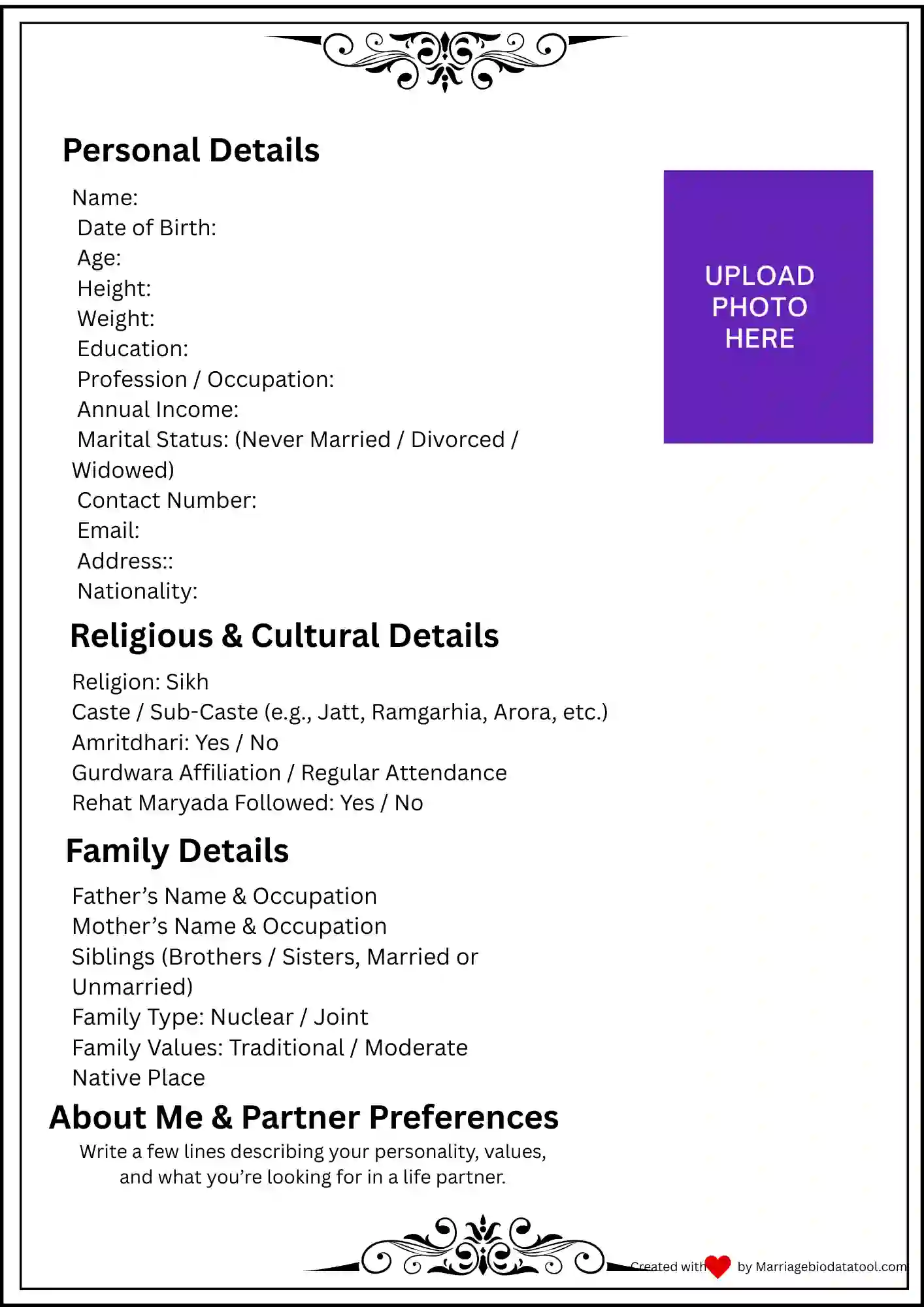 Sikh Marriage Biodata Template 4 Preview