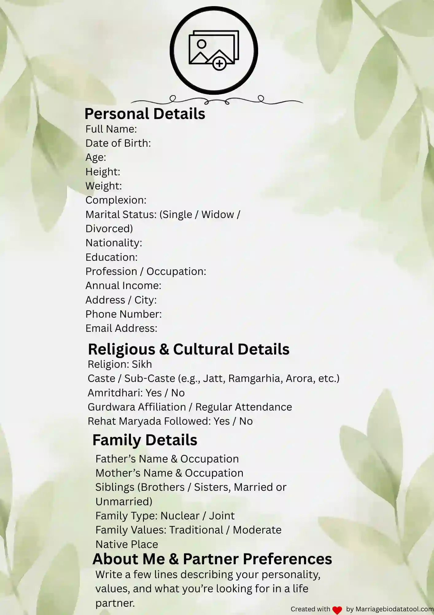 Sikh Marriage Biodata Template 1 Preview